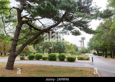 Overcast view of the New York State Pavilion Observation Towers at New York Stock Photo