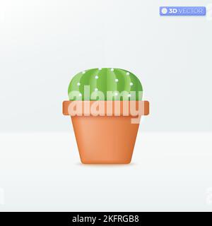 Green cactus in clay pot icon symbols. Ornamental plant for home and office decoration concept. 3D vector isolated illustration design. Cartoon pastel Stock Vector