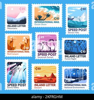 Postage stamp design set with colorful landcape Stock Vector