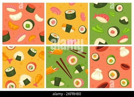 Decorative pattern set with japanese sushi menu Stock Vector
