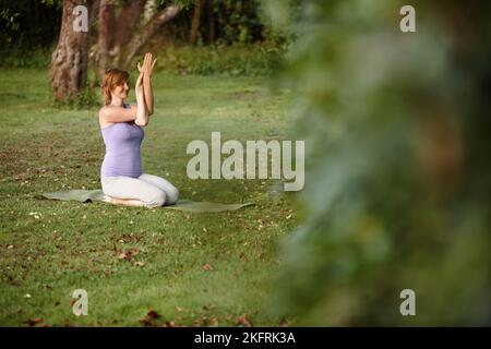 The stress-less workout. an attractive woman doing yoga at the park. Stock Photo