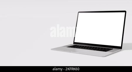 laptop mockup. Laptop in angled position with blank screen isolated on white grey background. Modern computer laptop isolate on white background for m Stock Photo