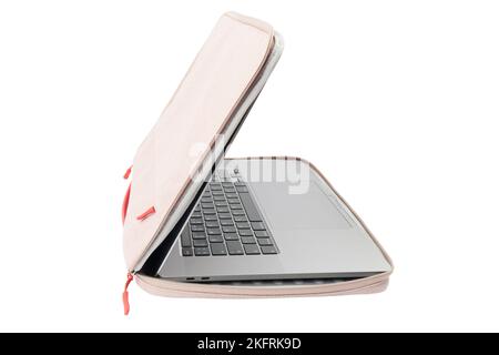 Laptop case with zipper close-up. Protection case for the device isolated on white background. Case with laptop Stock Photo
