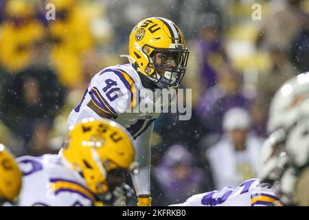 November 19, 2022: LSU's Harold Perkins Jr. (40) looks over the offense during NCAA football game action between the University of Alabama at Birmingham and the LSU Tigers at Tiger Stadium in Baton Rouge, LA. Jonathan Mailhes/CSM Stock Photo