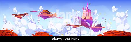 Magic castle on floating island in pink morning sky with fluffy clouds ...