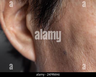 Grey colored changes of hair in Asian old man. Concept of aging. Stock Photo