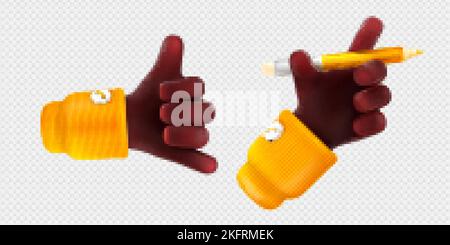 3d render black hand gestures hang loose or shaka and palm holding wooden pencil. African person arm writing, communication, body language signs isola Stock Vector