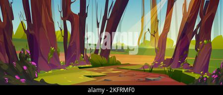 Footpath in sunlit forest cartoon illustration. Beautiful old wood with ancient tall trees, green grass, flowers blooming on bushes and clear blue sky Stock Vector