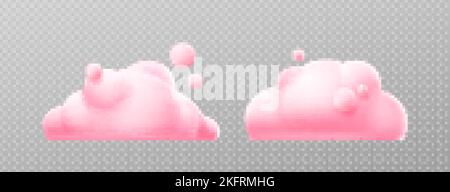 3d render pink clouds, fluffy spindrift or cumulus eddies. Flying weather and nature design elements balloons isolated on transparent background, illu Stock Vector