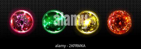 Set of energy balls with lightning effect in red, orange, yellow and green colors. Electrical discharge bundle png. Magic power. Realistic vector illu Stock Vector