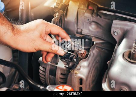 The auto mechanic hand is grasping the car alternator charger plug Stock Photo