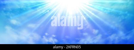 Heaven with sun light rays or beams bursting from clouds in blue sky. Spiritual religious background. Realistic tranquil cloudscape view, beautiful sk Stock Vector