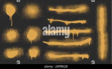 Spray paint drips and lines, golden ink splatters, brush stains with graffiti effect. inky blots in urban street style, blobs or stripes. Design eleme Stock Vector