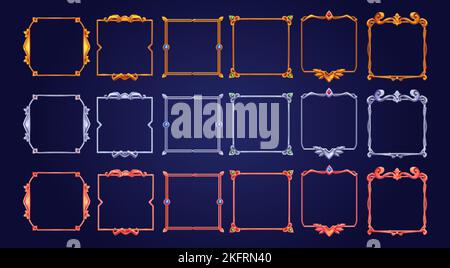 Set of square ui game frames, textured medieval borders of gold, silver or steel metal with gems. Cartoon empty metallic bordering with gemstones, iso Stock Vector