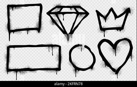 Spray paint frames, black brush graffiti borders square, round, diamond, heart, crown and rectangular shapes. Grunge airbrush drawing, inky contour fo Stock Vector
