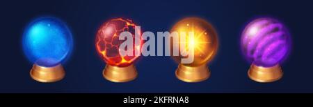 Crystal globes, witch or sorcerer magic spheres. Transparent glass domes on gold stands with blue fog, red magma with cracks, golden star and purple s Stock Vector