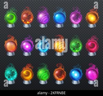 Magic crystal balls, fortune teller globes, oracle and halloween wizard glass spheres. Glowing orbs with magical lights and mystery glow isolated on t Stock Vector