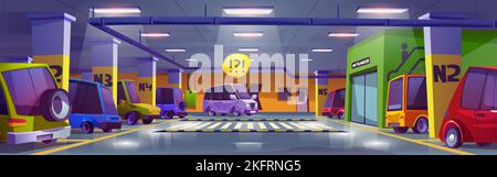 Full mall parking, underground car garage interior with vehicles stand in lots and driver searching empty place for transport in building basement, ci Stock Vector