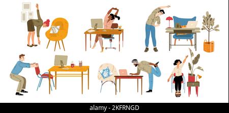Office employees exercise at work, stretch near the desk isolated set. People practicing workout at workplace doing squats and leans enjoying break, C Stock Vector