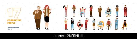 People celebrating, flat vector illustration set isolated on white background. Happy male and female characters applauding, clapping hands, sitting an Stock Vector