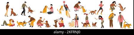 People training dogs, hug and play with puppies. Pet owners walk with dogs on leash, play with them with balls, sticks, train obedience, vector hand d Stock Vector