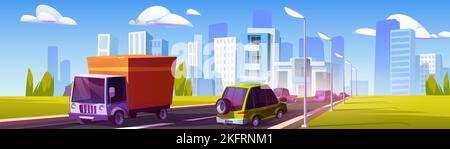 Traffic on highway against cityscape background. Cartoon vector illustration of cars and truck driving urban road on sunny day, green grass on roadsid Stock Vector