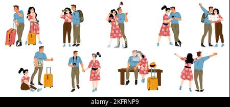 Set of happy couple traveling together, flat vector illustration on white background. Male and female tourists taking pictures, studying map, enjoying Stock Vector
