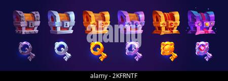 Game reward rare treasure chests and keys evolution, wooden, iron, silver and gold trophy trunks and skeleton keys, level bonus, pirate loot, fantasy Stock Vector
