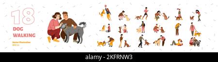 People training dogs, hug and play with puppies. Pet owners walk with dogs on leash, play with them with balls, sticks, train obedience, vector hand d Stock Vector