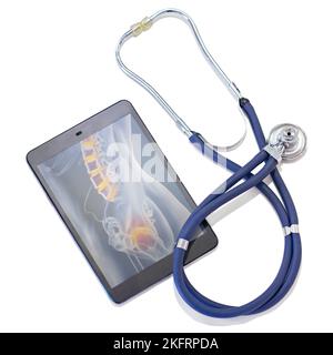 Combining old and new technology for a better outcome. A tablet and a stethoscope against a white background. Stock Photo