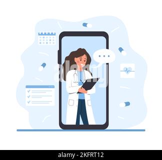 Online prescription. Woman doctor on smartphone screen. Virtual medical consultation. Therapist writing medical recipe. Healthcare concept. Vector Stock Vector