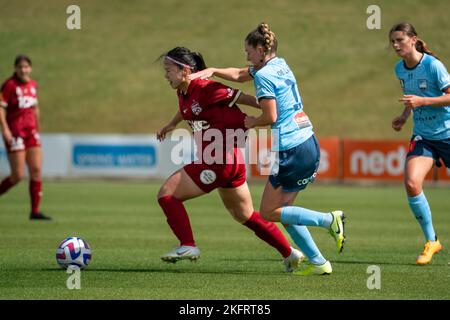 Adelaide, Australia. 20th Nov, 2022. Adelaide, South Australia, November 20th 2022: Yuyi Xiao (21 Adelaide United) dribbles with the ball defended by Deborah-Anne de la Harpe (16 Sydney FC) during the Liberty A-League game between Adelaide United and Sydney FC at ServiceFM Stadium in Adelaide, Australia. (Noe Llamas/SPP) Credit: SPP Sport Press Photo. /Alamy Live News Stock Photo