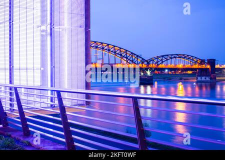 Flood pumping station in Schönhauser Straße, behind it the Südbrücke, Cologne, North Rhine-Westphalia, Germany, Europe Stock Photo