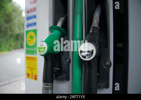 File photo dated 01/09/21 of an E10 petrol pump by a Diesel pump at a Asda Petrol Station in Antree, Liverpool. The extra cost of diesel compared to petrol has reached a new high of nearly 25p per litre. Latest Government figures show the average price of a litre of diesel is 188.9p. Issue date: Sunday November 20, 2022. Stock Photo
