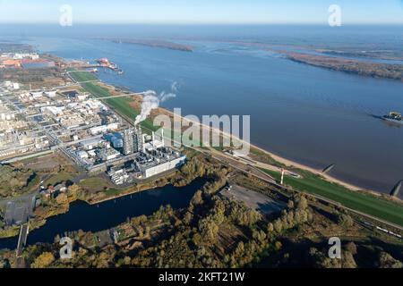 Aerial view of the construction site of the floating LNG Terminal Stade, Elbe, port, energy, LNG, gas, Stade, Lower Saxony Germany Stock Photo