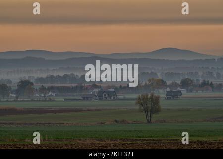 November autumn mists clouds fogs Sowie Gory Mountains Lower Silesia Poland Stock Photo