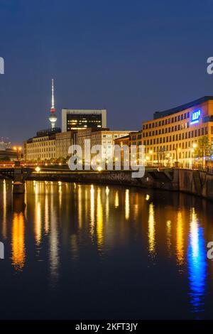 View from the government district to Berlin Mitte, Spree, ARD capital studio, television tower Blue Hour, government district, Berlin, Germany, Europe Stock Photo