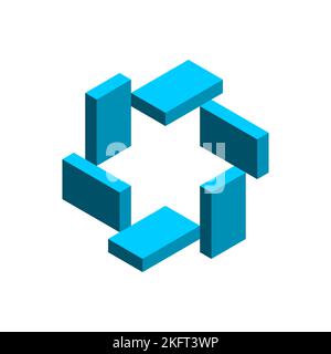Geometric object made of blue rectangles around a star. Impossible shape. Bricks or blocks unique isometric projection. Penrose Esher figure. Vector Stock Vector