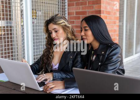 Young multiracial women in leather jackets smiling and browsing data on netbooks while sitting at table outside brick university building and doing ho Stock Photo
