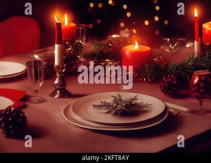 From above table with plates and candles Christmas decoration on red tablecloth Stock Photo