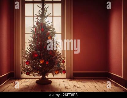 Front view of an interior with a Christmas tree next to a bright window Stock Photo