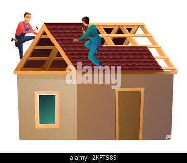 Tiling roofing material. Workers work on roof. Small house and two workers. Service illustration Isolated on white background. Vector Stock Vector