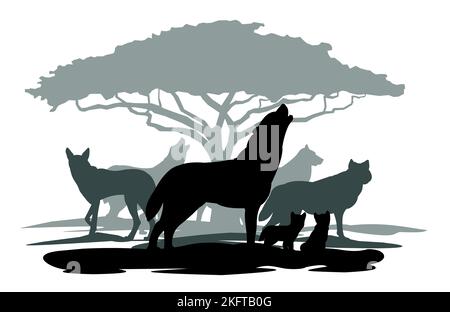 Wolf howls. Cubs and wolf pack near tree. Silhouette picture. Wild animal in nature. Predator in natural conditions. Isolated on white background. Vec Stock Vector