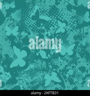 Seamless blue grunge background with blots and butterflies. Vector illustration Stock Vector