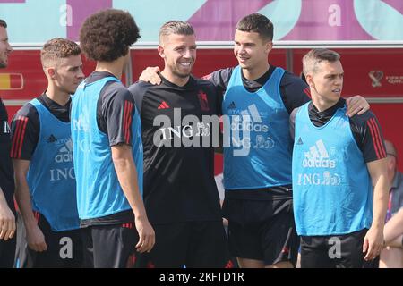 Belgium's Thorgan Hazard, Belgium's Toby Alderweireld, Belgium's Leander Dendoncker and Belgium's Leandro Trossard pictured during a training session of the Belgian national soccer team the Red Devils, at the Hilton Salwa Beach Resort in Abu Samra, State of Qatar, Sunday 20 November 2022. The Red Devils are preparing for the upcoming FIFA 2022 World Cup in Qatar. BELGA PHOTO BRUNO FAHY Stock Photo