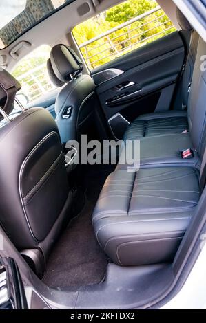 Rear seats of a long range 4WD performance version of the electric XPeng G9 electric SUV in Shanghai, China. Stock Photo