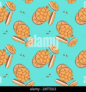 Pattern cookies with filling and biscuit crumbs on a blue background, hand drawn doodle drawing. National Cookie Day. Vector illustration Stock Vector