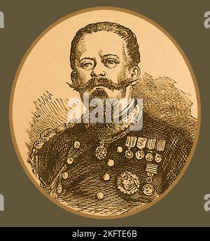 A Late 19th century engraved portrait of Victor Emmanuel.   Victor Emmanuel III  aka Vittorio Emanuele Ferdinando Maria Gennaro di Savoia (1869 –  1947)  was King of Italy from 29 July 1900 until his abdication on 9 May 1946  and also served as  Emperor of Ethiopia  and King of the Albanians He lived through two world wars (Dying in 1947). Un ritratto inciso del tardo 19 ° secolo di Vittorio Emanuele.   Vittorio Emanuele III alias Vittorio Emanuele Ferdinando Maria Gennaro di Savoia (1869 – 1947), Re d'Italia, Imperatore d'Etiopia e Re degli Albanesi Stock Photo