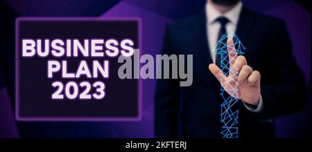 Sign displaying Business Plan 2023. Conceptual photo Challenging Business Ideas and Goals for New Year Stock Photo