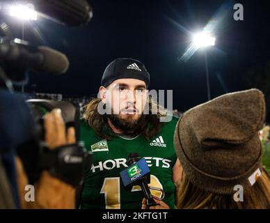 Hornet Stadium. 19th Nov, 2022. U.S.A. Sacramento State quarterback Jake Dunniway (12)on the field TV interview after the NCAA Causeway Classic Football game between UC Davis Aggies and the Sacramento State Hornets. Sacramento State beat UC Davis 27-21 at Hornet Stadium. Thurman James/CSM/Alamy Live News Stock Photo